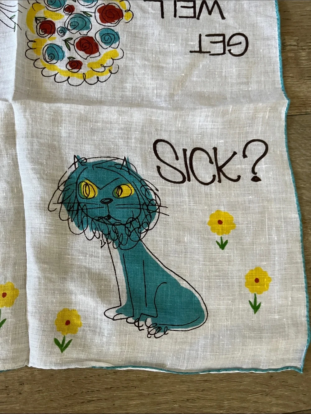 RARE Vintage Get Well Quick! Printed Handkerchief with Colorful Cats by Welcher
